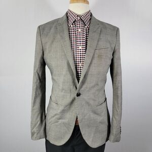 H&M Men's Sport Coat Blazer One Button Gray Plaid Polyester Blend Skinny Fit 40R
